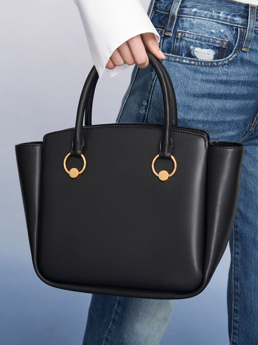 حقيبة يد كبيرة مع حلقات ذهبية, أسود, hi-res