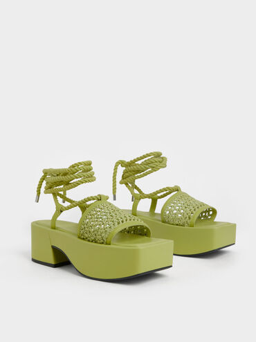 Micah Raffia & Leather Tie-Around Flatforms, Green, hi-res