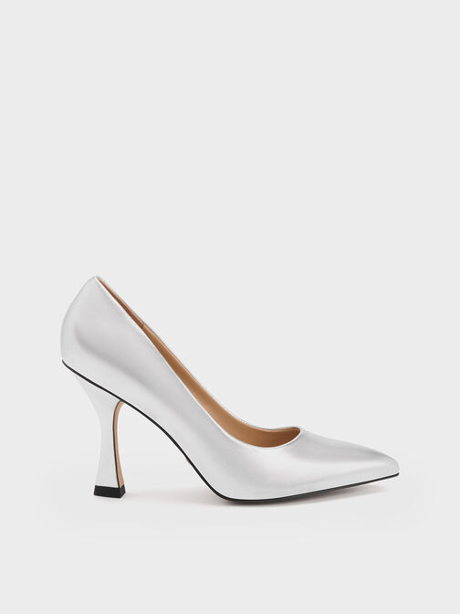 Metallic Leather Flare Heel Pumps, Silver, hi-res