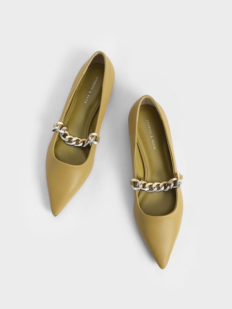 حذاء ماري جين مسطح مزين بسلسلة عريضة, زيتوني, hi-res