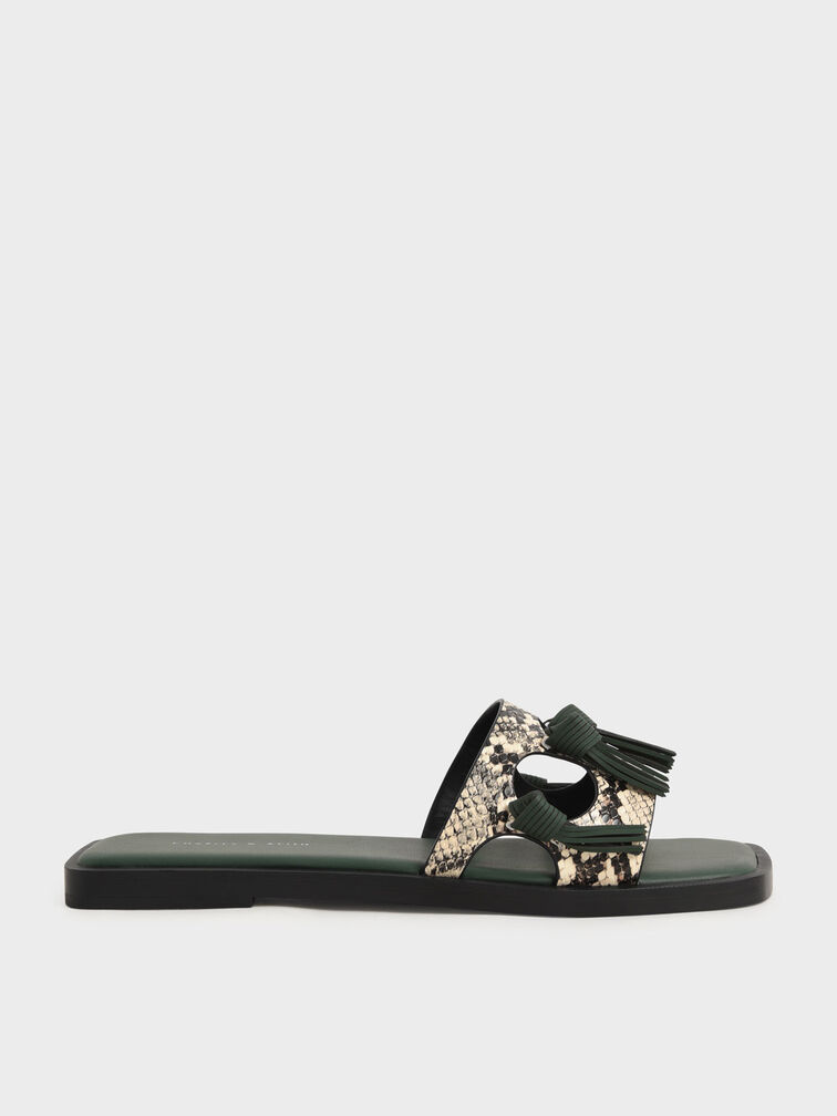Snake-Print Fringe Detail Slide Sandals, Animal Print Natural, hi-res