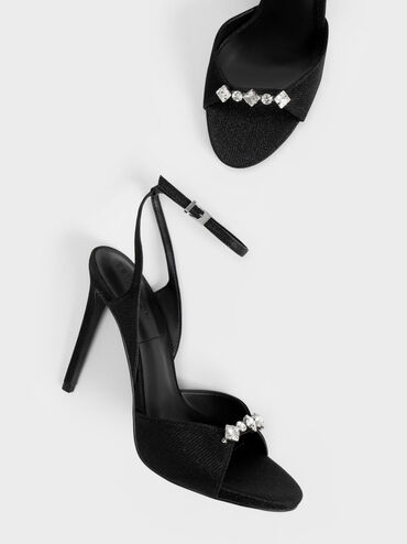 Glittered Gem-Encrusted Ankle Strap Sandals, Black, hi-res