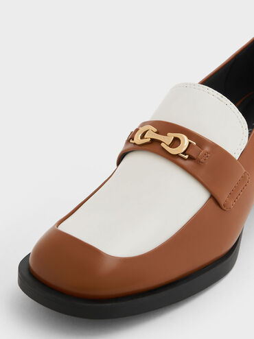 حذاء لوفر بكعب متدرج مع تفاصيل معدنية ثنائية اللون, بنى, hi-res