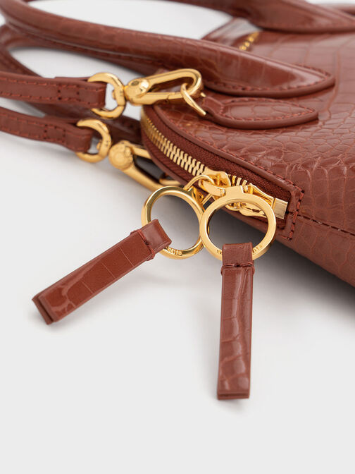 Harmonee Croc-Embossed Bowling Bag, Mocha, hi-res