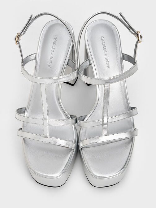 Metallic T-Bar Strappy Platform Sandals, Silver, hi-res