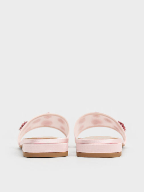 Mesh & Satin Sequin-Flower Slide Sandals, Pink, hi-res