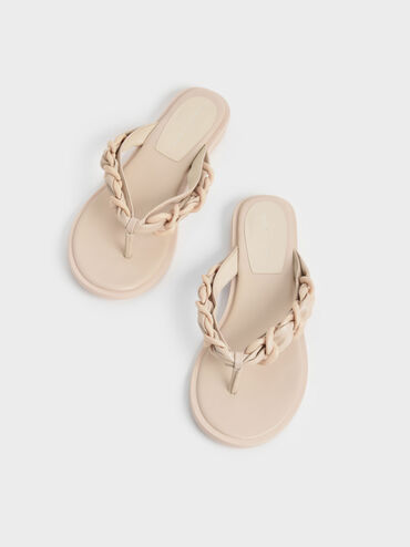 Braided Chain-Link Strap Thong Sandals, Chalk, hi-res