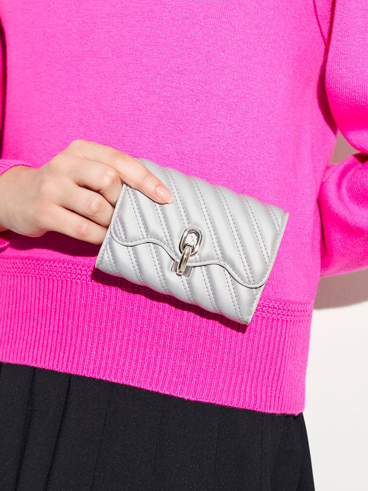 Freja Wavy Metallic Quilted Wallet, Silver, hi-res