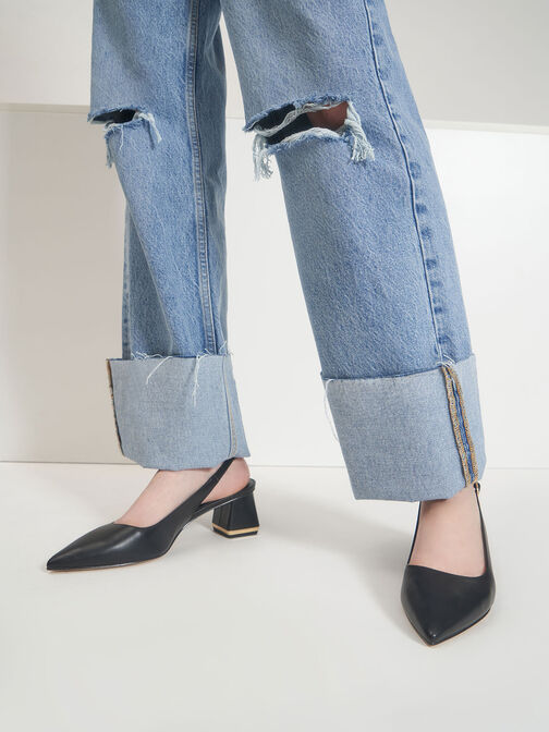 Metallic Accent Slingback Court Shoes, Black, hi-res