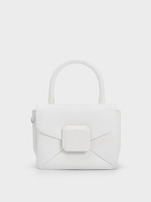 Geometric Push-Lock Top Handle Bag, White, hi-res