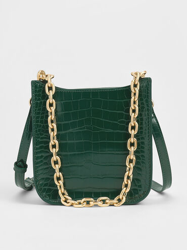 Aurelia Croc-Effect Metallic-Accent Crossbody Bag, Dark Green, hi-res
