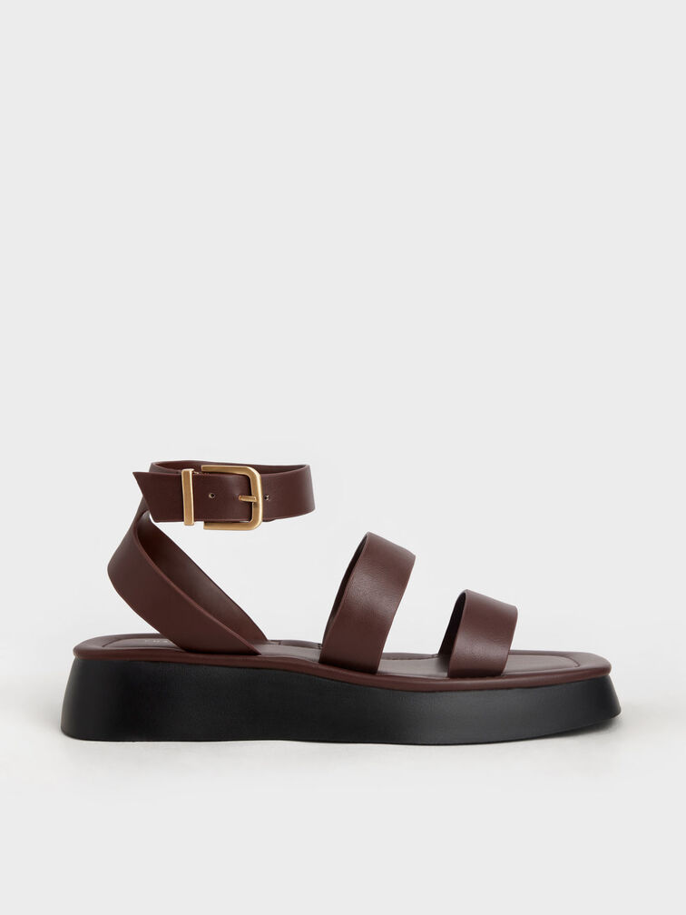 Square Toe Ankle-Strap Sandals, Brown, hi-res