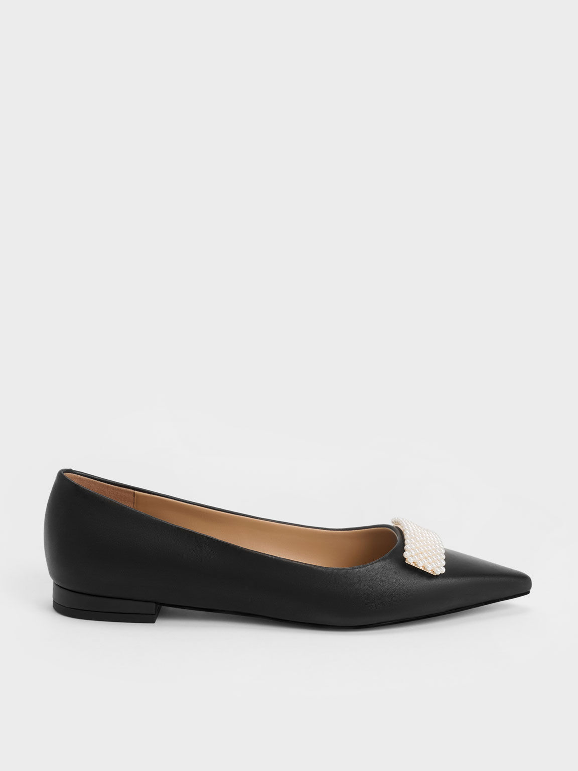 Leather Pointed-Toe Beaded Ballerinas, Black, hi-res