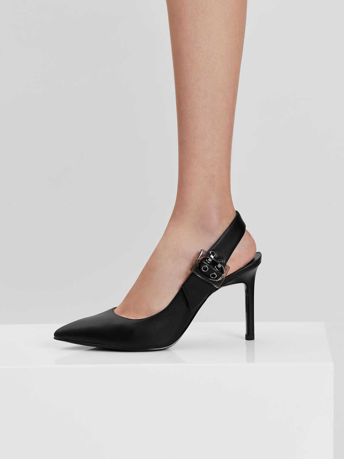 Buckled Slingback Pumps, Black, hi-res