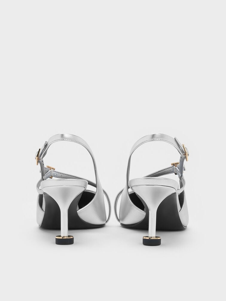 Wynn Metallic Buckled Sculptural-Heel Slingback Pumps, Silver, hi-res
