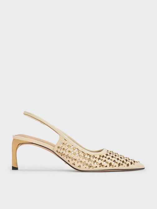 Studded Cut-Out Kitten-Heel Slingback Pumps, Cream, hi-res