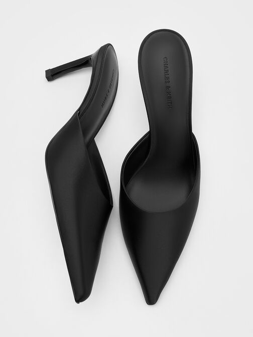 Satin Pointed-Toe Heeled Mules, Black Textured, hi-res