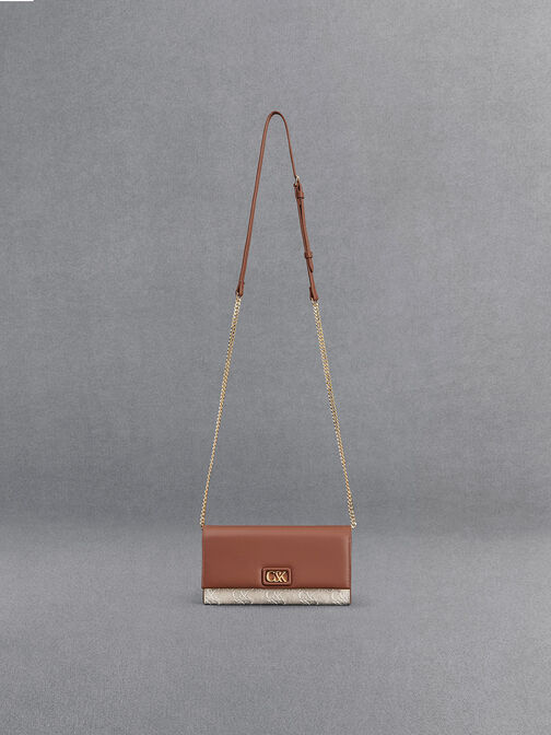 Leather & Canvas Chain-Strap Wallet, Cognac, hi-res