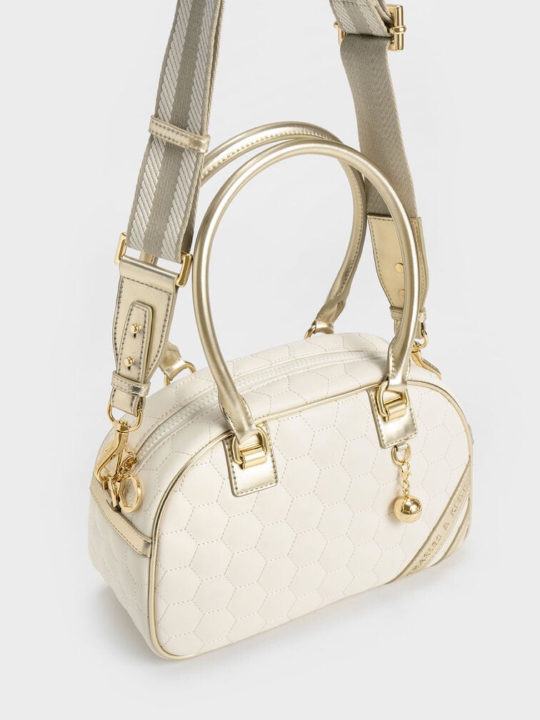 Striped Textured Bowling Bag, Gold, hi-res