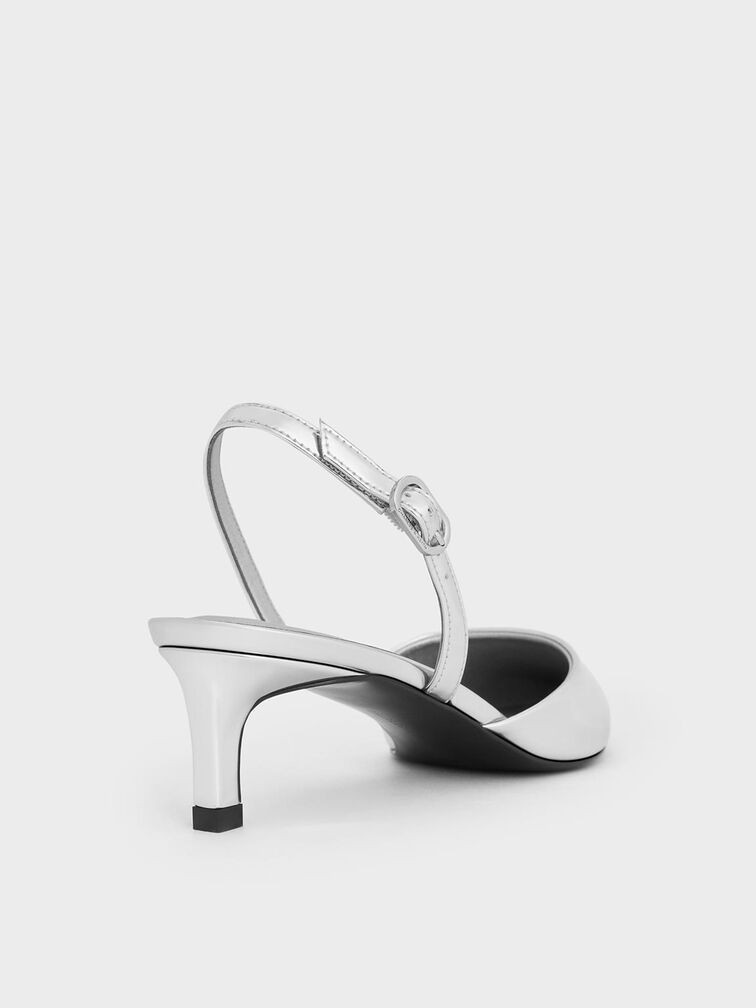 Metallic Pointed-Toe Slingback Kitten Heels, Silver, hi-res