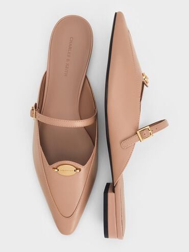 Metallic-Accent Pointed-Toe Mary Jane Mules, Nude, hi-res