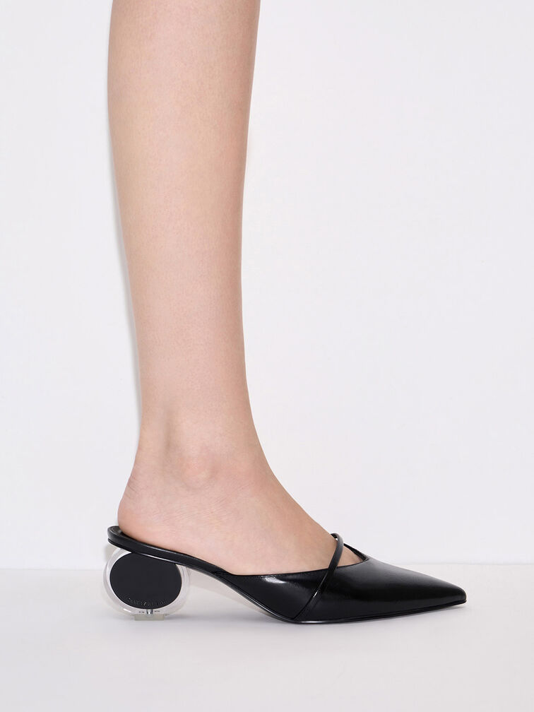 Crinkle-Effect Sculptural-Heel Pointed-Toe Mules, Black, hi-res