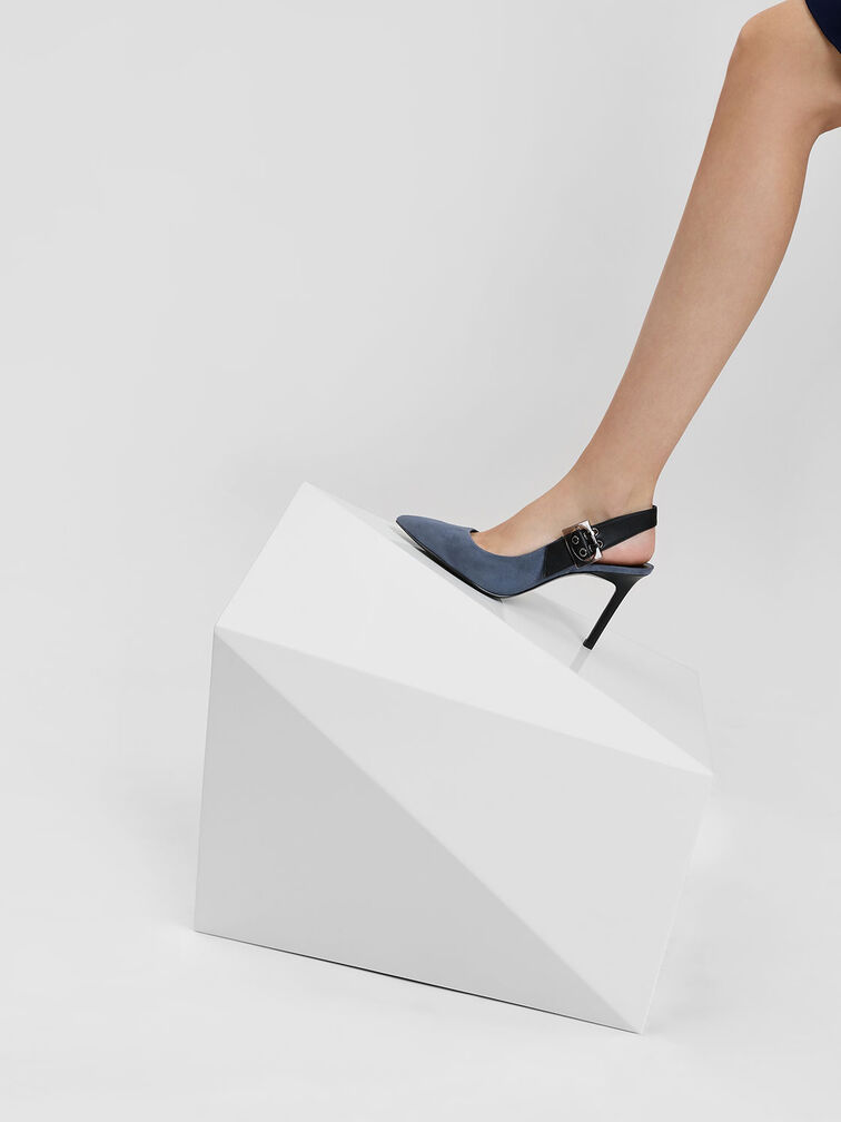 Textured Buckled Slingback Pumps, Blue, hi-res