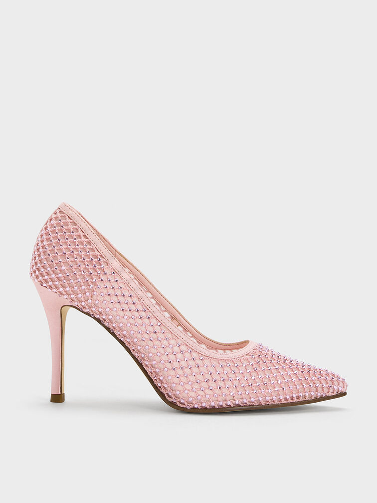 Mesh Crystal-Embellished Stiletto Pumps, Light Pink, hi-res