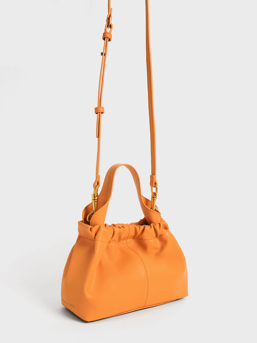 Ruched Slouchy Bucket Bag, Orange, hi-res