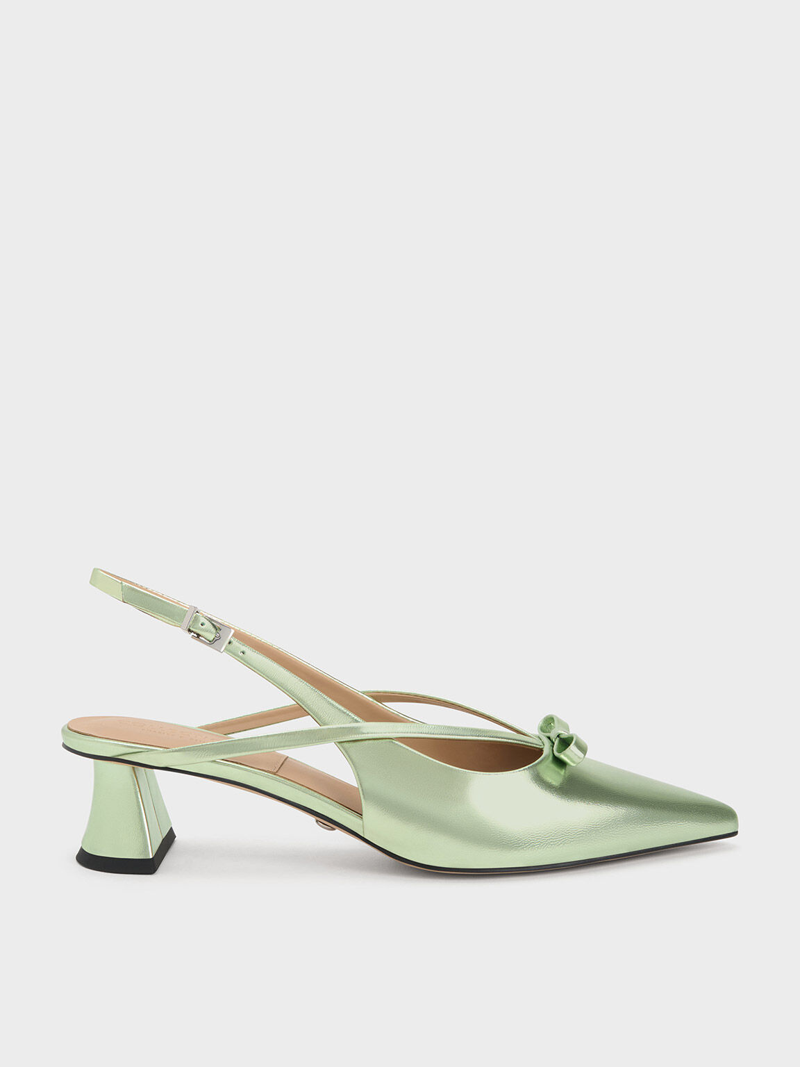 Metallic Leather Bow Strappy Slingback Pumps, Green, hi-res