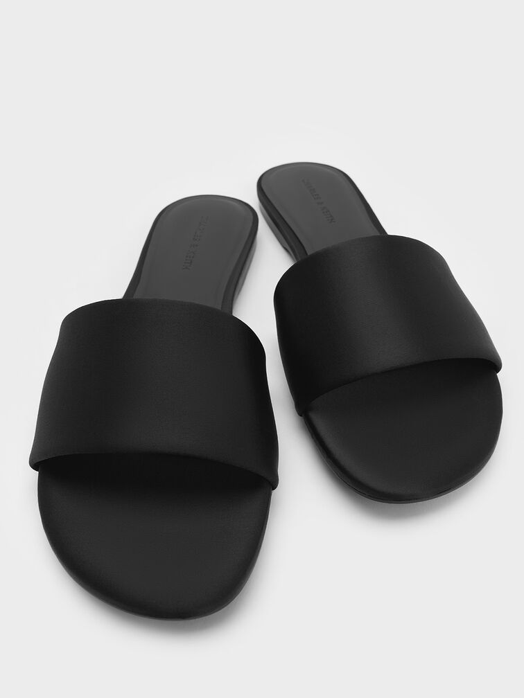 Satin Slide Sandals, Black Textured, hi-res