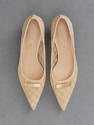 Mesh Kitten-Heel Pumps, Beige, hi-res