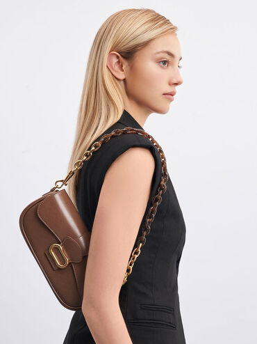 Daki Belted Curved Bag, Chocolate, hi-res