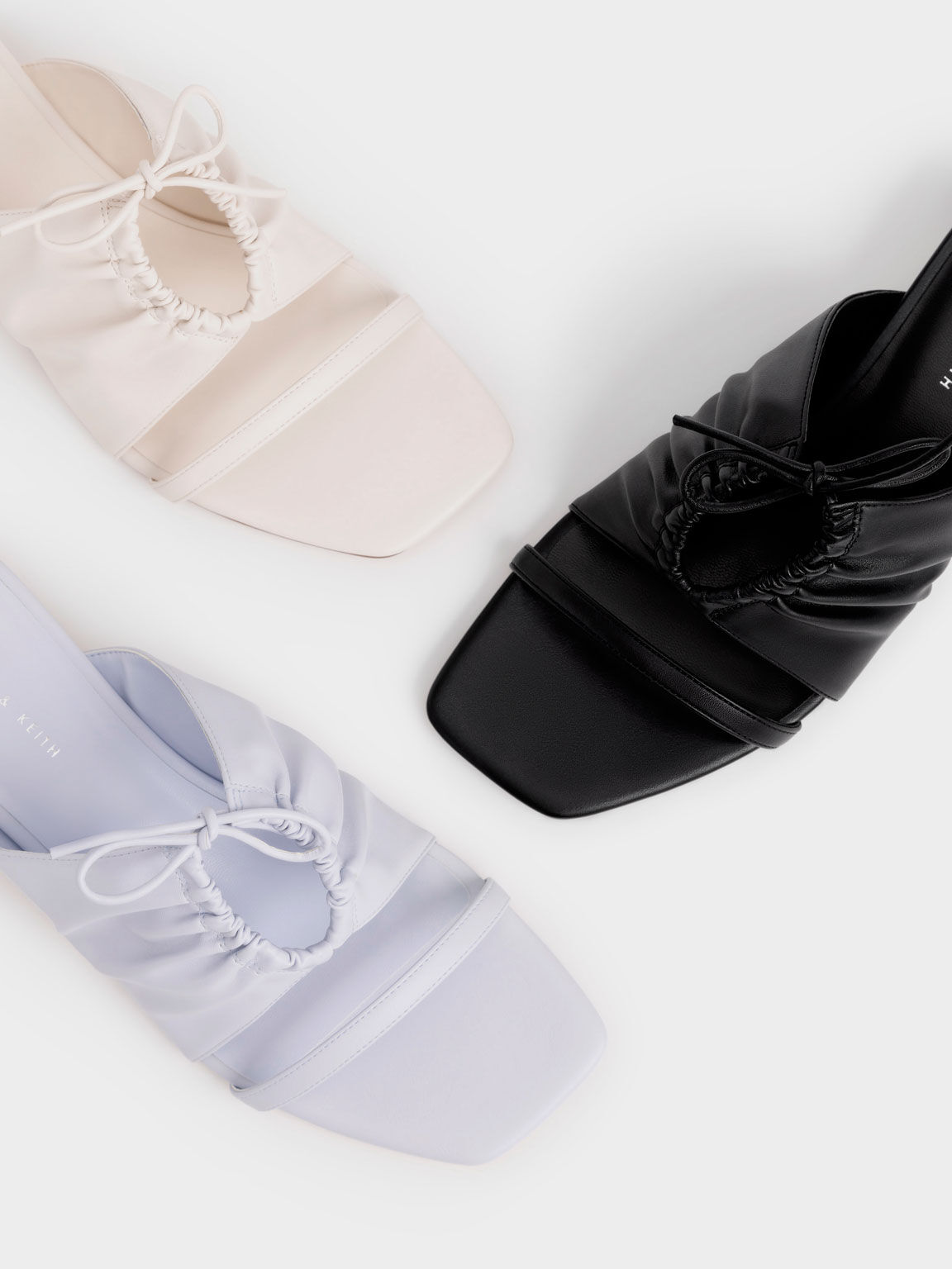 Bow-Tie Ruched Heeled Mules, Cream, hi-res