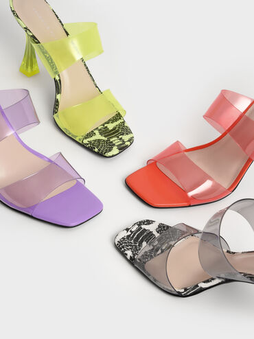 Snake-Print See-Through Heeled Mules, Animal Print Black, hi-res