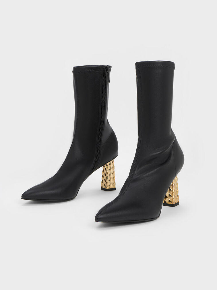 Pointed-Toe Quilted Heel Ankle Boots, Black, hi-res