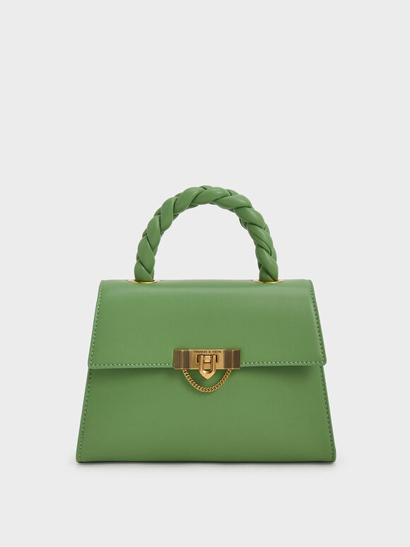 حقيبة تالولا بجوانب قابلة للطي ومقبض مضفر, لون أخضر, hi-res