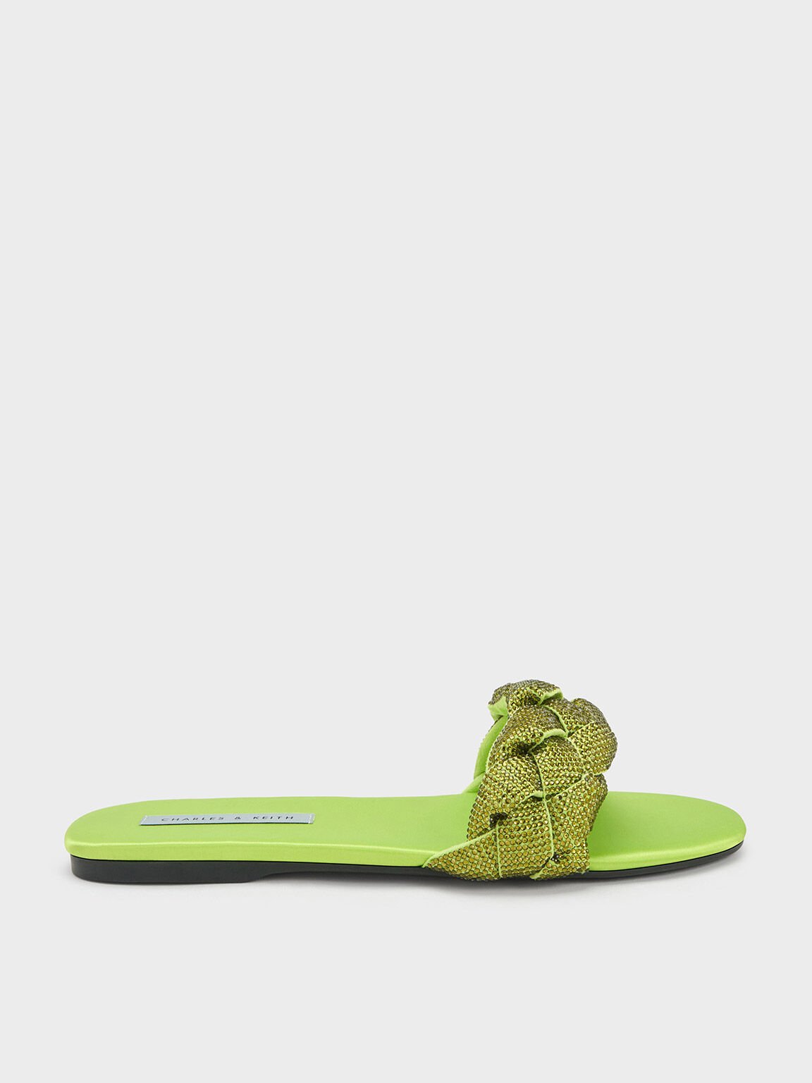 Gem-Embellished Braided Strap Slides, Green, hi-res