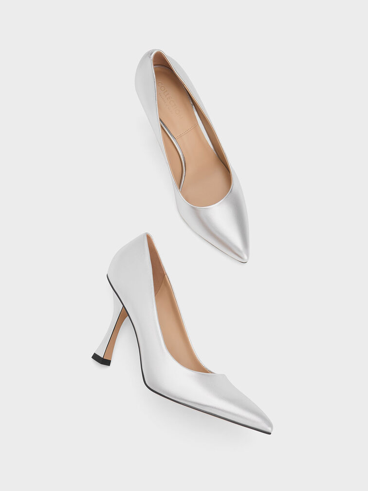 Metallic Leather Flared Heel Pumps, Silver, hi-res