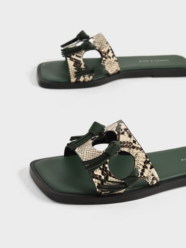Snake-Print Fringe Detail Slide Sandals, Animal Print Natural, hi-res