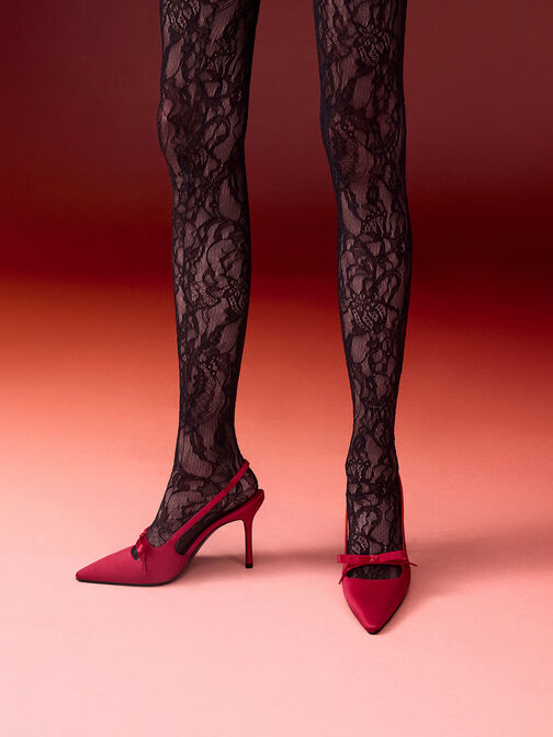 Satin Bow Pointed-Toe Slingback Pumps, Red, hi-res