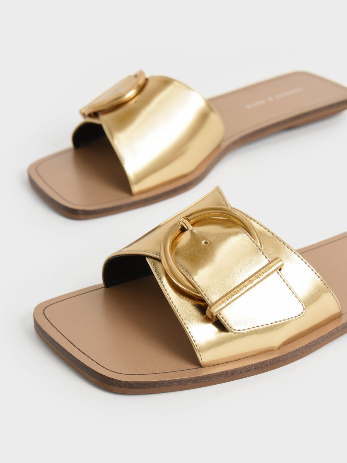 Square Toe Buckled Slides, Gold, hi-res