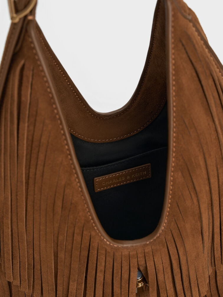 Cesia Recycled Suede Fringed Hobo Bag, Sienna Brown, hi-res