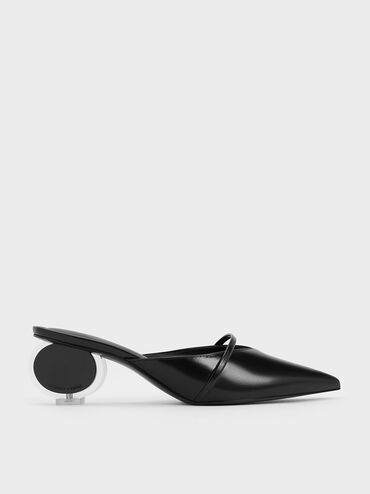 Crinkle-Effect Sculptural-Heel Pointed-Toe Mules, Black, hi-res