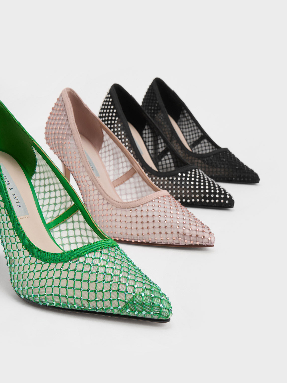 Gem-Encrusted Mesh Heeled Pumps, Black, hi-res