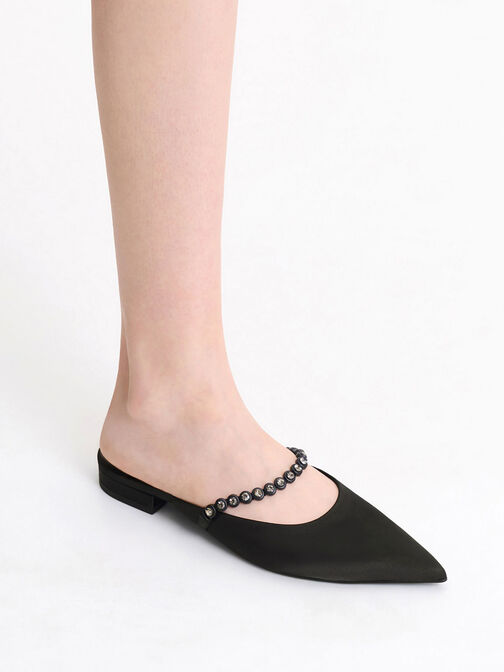 Gem-Strap Flat Mules, Black, hi-res