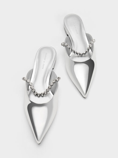 Gem-Strap Metallic Flat Mules, Silver, hi-res