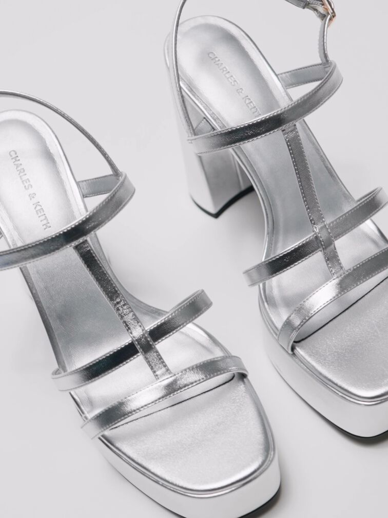 Metallic T-Bar Strappy Platform Sandals, Silver, hi-res