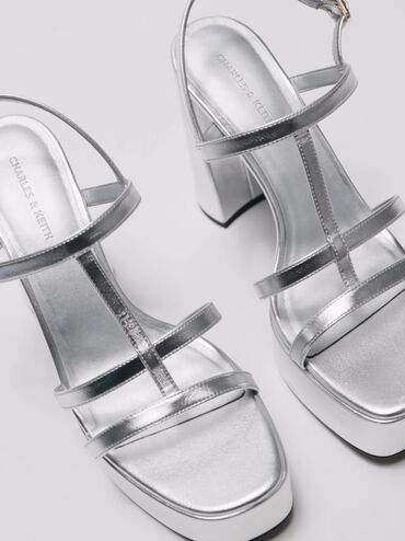Metallic T-Bar Strappy Platform Sandals, Silver, hi-res
