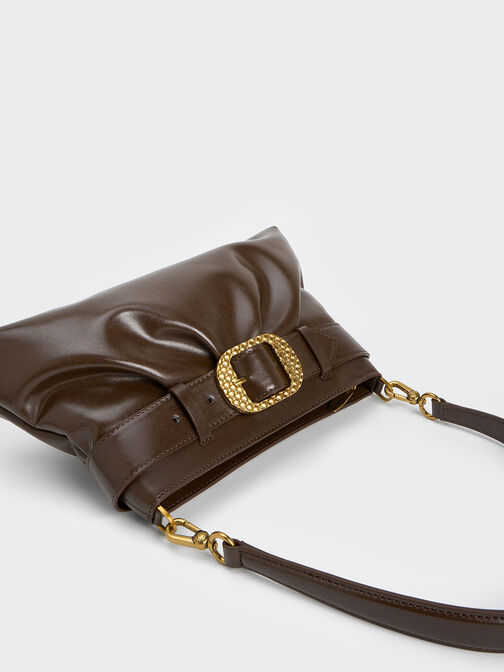 Avis Belted Ruched Shoulder Bag, Dark Brown, hi-res